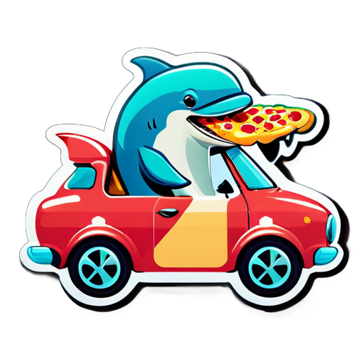 Un dauphin conduisant une voiture tout en mangeant de la pizza sticker