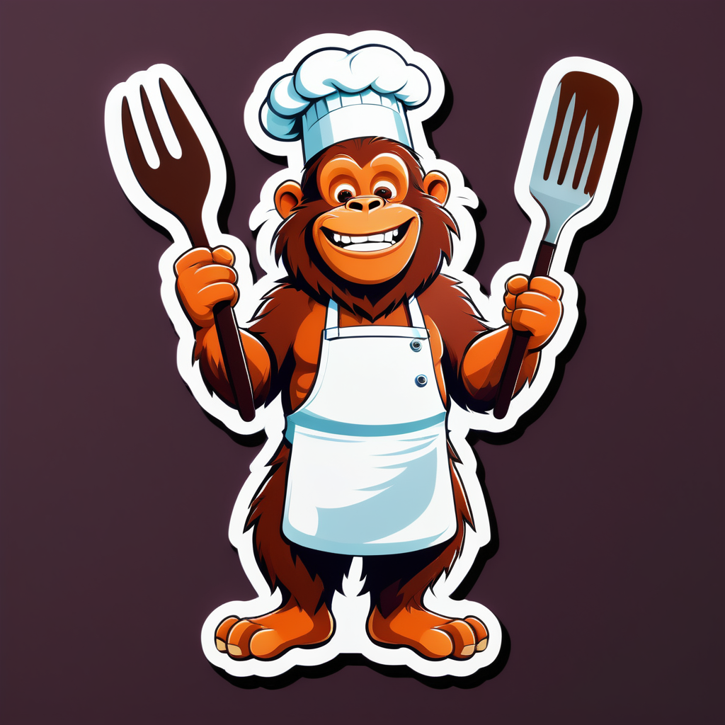 Un orangután con un delantal de chef en su mano izquierda y una espátula de cocina en su mano derecha sticker