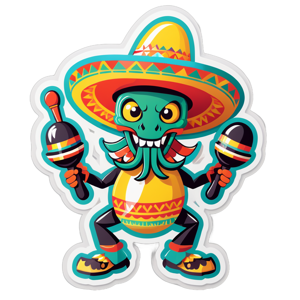 Un scorpion avec une paire de maracas dans sa main gauche et un sombrero dans sa main droite sticker