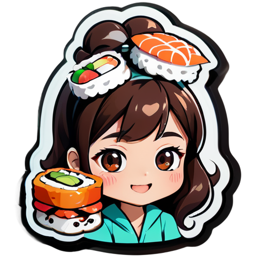 quiero una pegatina de una chica pelo marron con una mascota sushi sobre su cabeza quiero que la chica demuestre emociones y se llamativa
 sticker