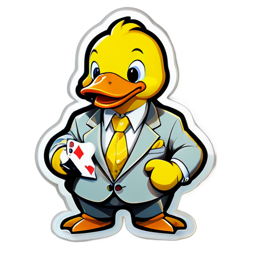 Sticker of a cute cartoon yellow duck wearing a business suit and playing gambling , Sticker, Adorable, Muted Color, kinetic art style, Contour, Vector, White Background, Detailed sticker