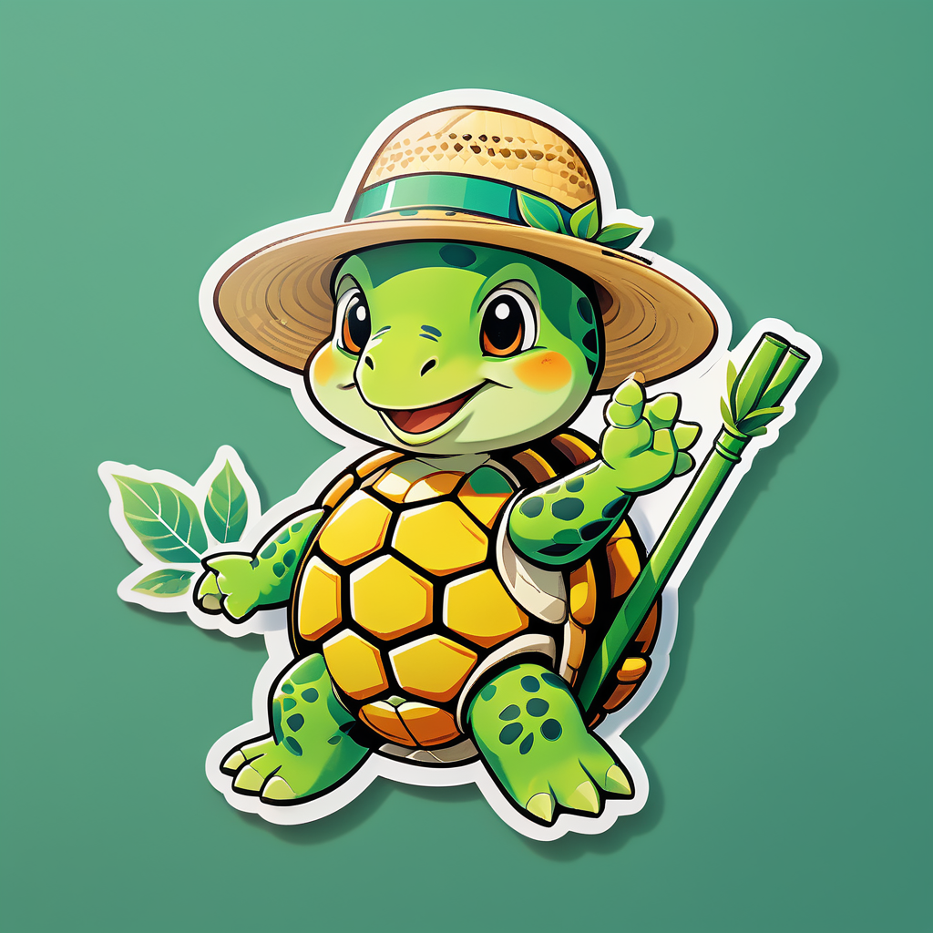 Eine Schildkröte mit einem Blatt in der linken Hand und einem Strohhut in der rechten Hand sticker