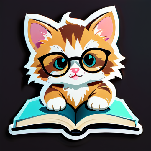 un chaton avec des lunettes de vu sur un livre ouvert sticker