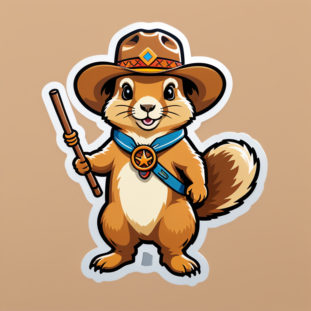 Ein Präriehund mit einem Cowboyhut in seiner linken Hand und einem Mini-Lasso in seiner rechten Hand sticker