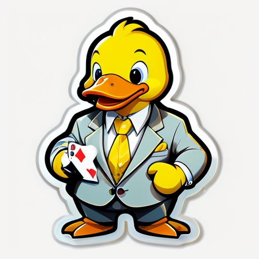 Sticker of a cute cartoon yellow duck wearing a business suit and playing gambling , Sticker, Adorable, Muted Color, kinetic art style, Contour, Vector, White Background, Detailed sticker