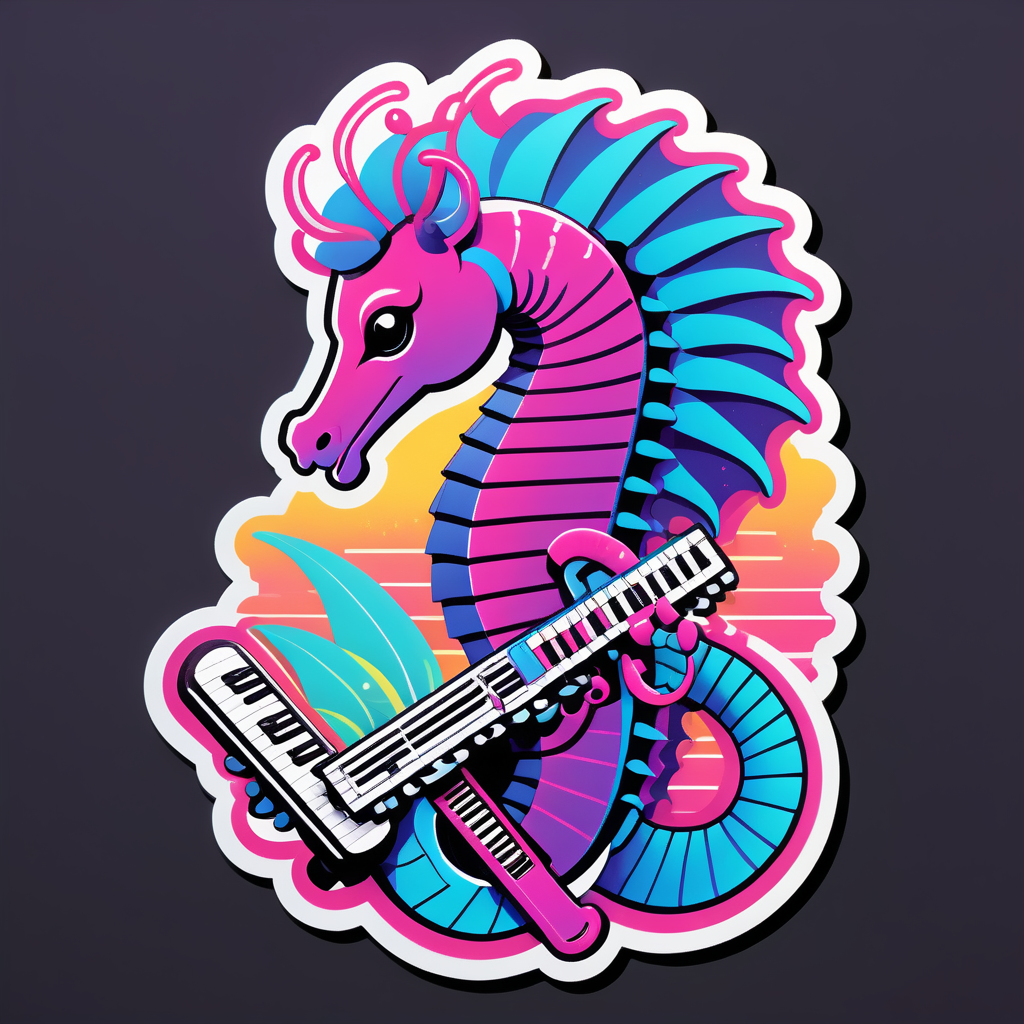 Synthwave Seahorse with Keytar sticker