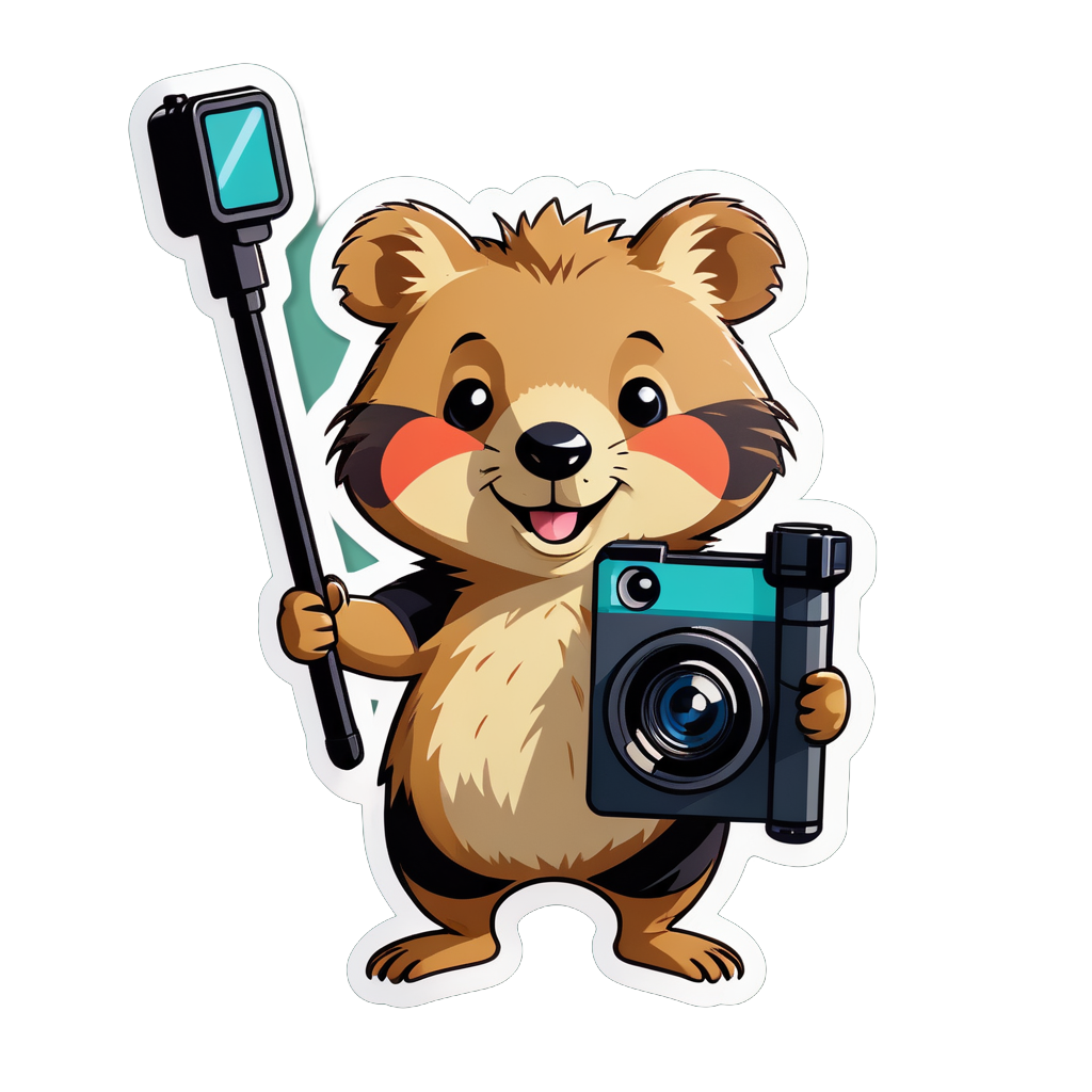 Ein Quokka mit einem Selfie-Stick in der linken Hand und einer Kamera in der rechten Hand sticker