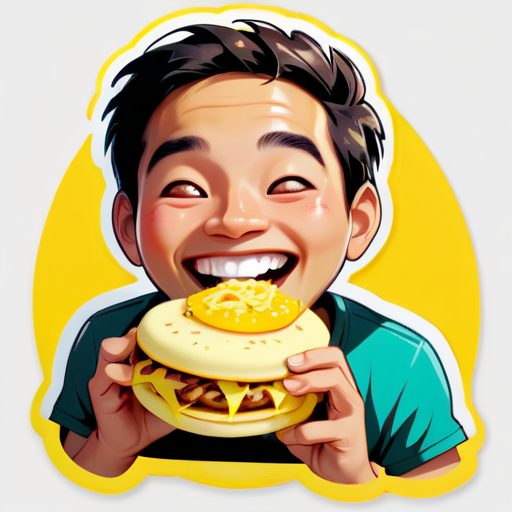 Generar una imagen de una persona alegre y sonriente comiendo una arepa amarilla rellena de carne mechada. sticker