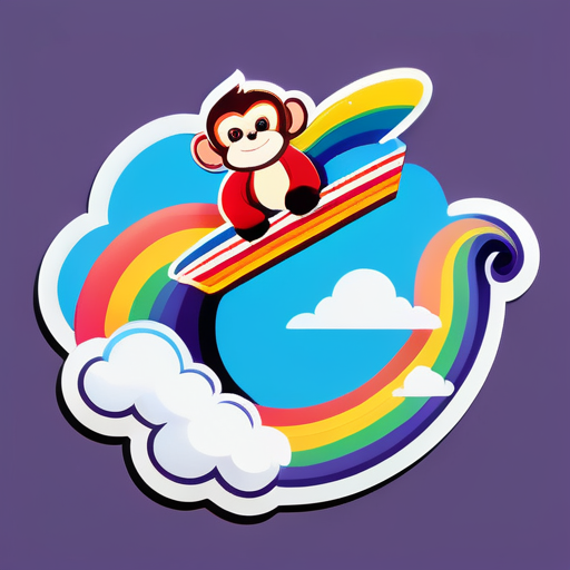 Un singe vole sur un nuage arc-en-ciel au-dessus d'un avion. sticker