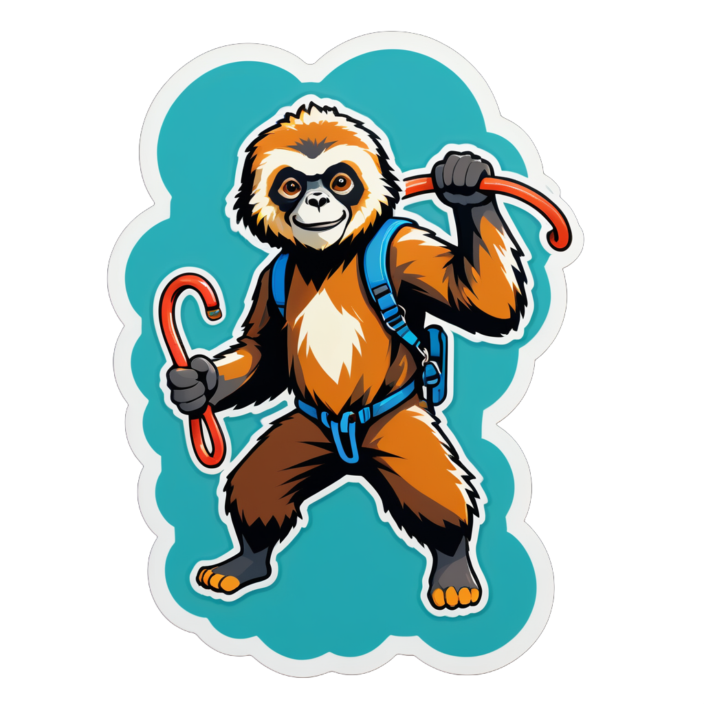 Ein Gibbon mit einem Kletterseil in der linken Hand und einem Karabiner in der rechten Hand sticker