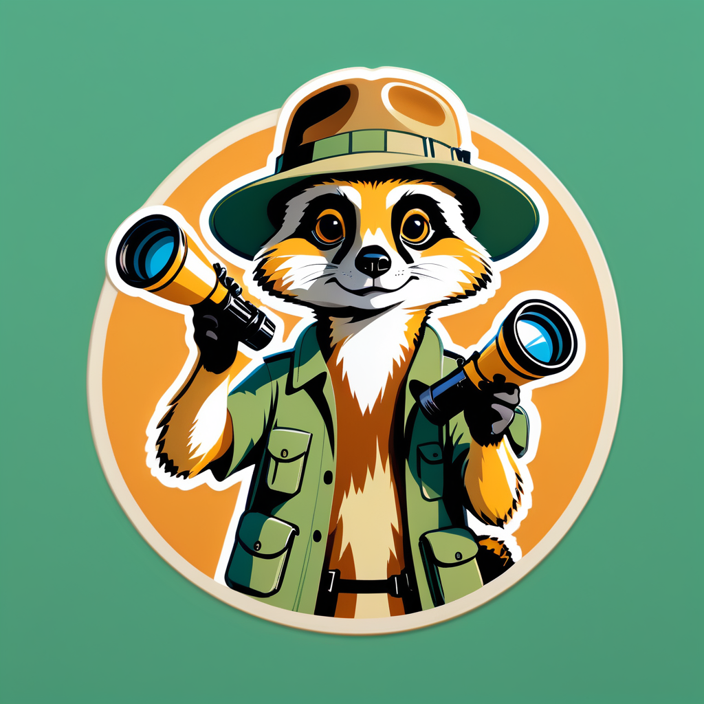 Ein Erdmännchen mit einem Fernglas in der linken Hand und einem Safari-Hut in der rechten Hand sticker