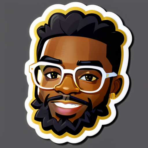 Crear un sticker para un chico negro con gafas doradas que sea programador y tenga un estilo de barba sin afeitar y no mucho cabello sticker