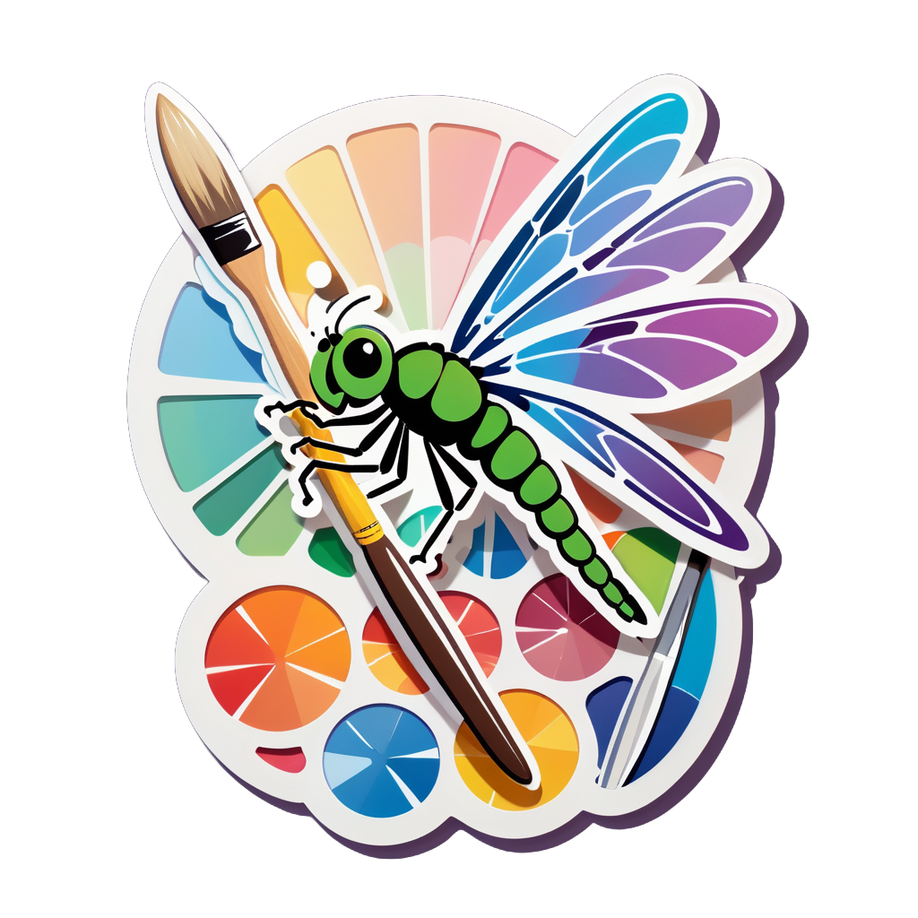 Eine Libelle mit einer Malerpalette in der linken Hand und einem Pinsel in der rechten Hand sticker