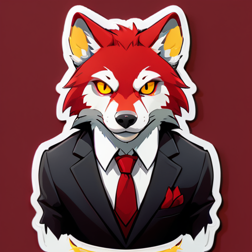 Ein Anthro-Wolf mit einem gelben linken Auge und einem roten rechten Auge, rote Haare auf dem Kopf, gekleidet in einen strengen Anzug, gibt ein Like. sticker