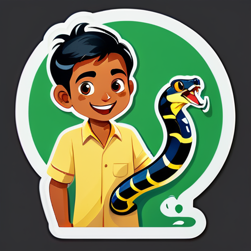 Um homem segurando uma cobra chamada achal, é uma criança pequena de Bihar, com 7 anos de idade sticker