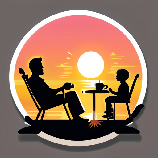 Estoy sentado en una mecedora disfrutando del atardecer con una taza de café y mi familia a mi alrededor. sticker