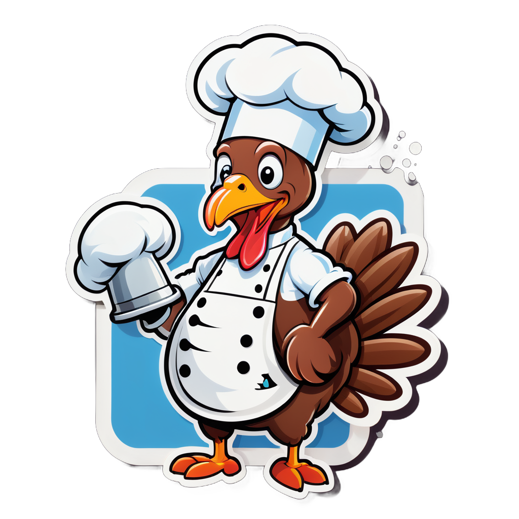 Un pavo con un gorro de chef en su mano izquierda y un temporizador de cocina en su mano derecha sticker