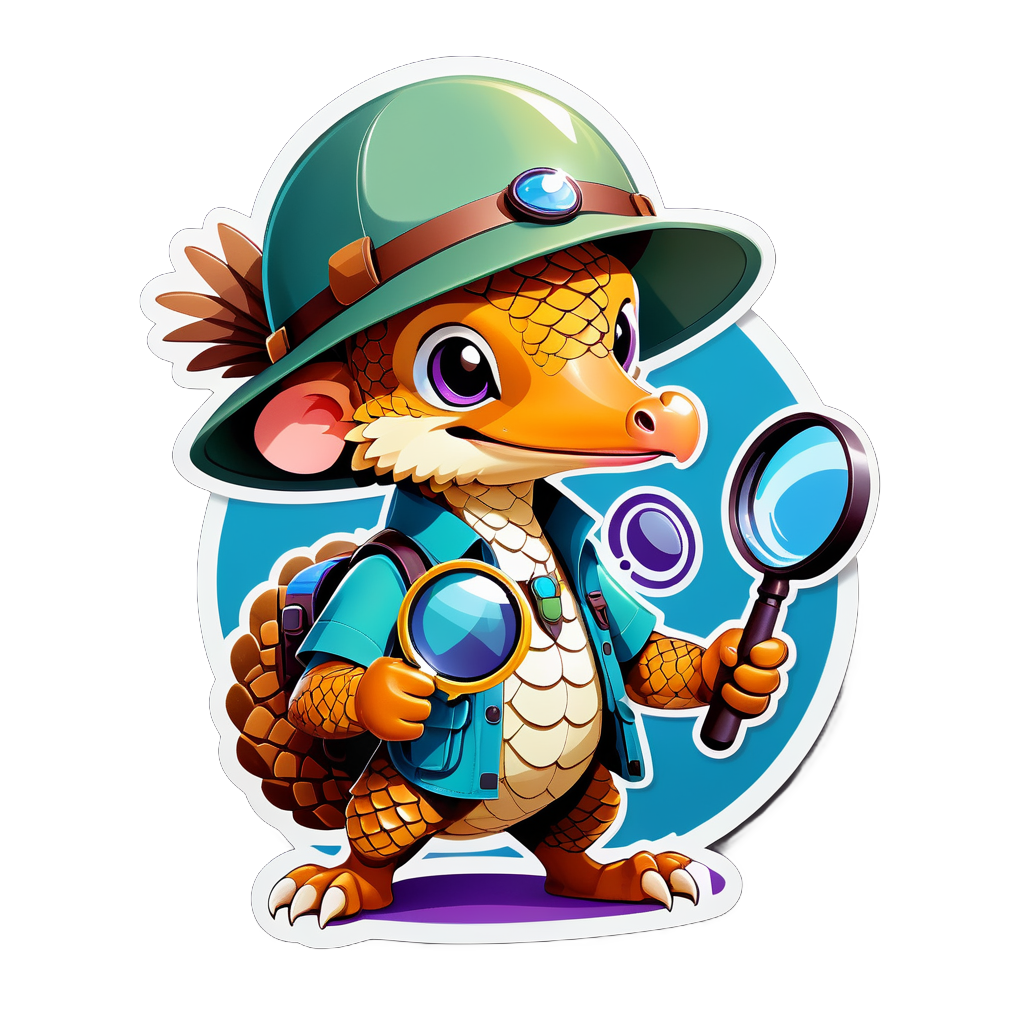 Ein Pangolin mit einem Forscherhut in der linken Hand und einer Lupe in der rechten Hand sticker