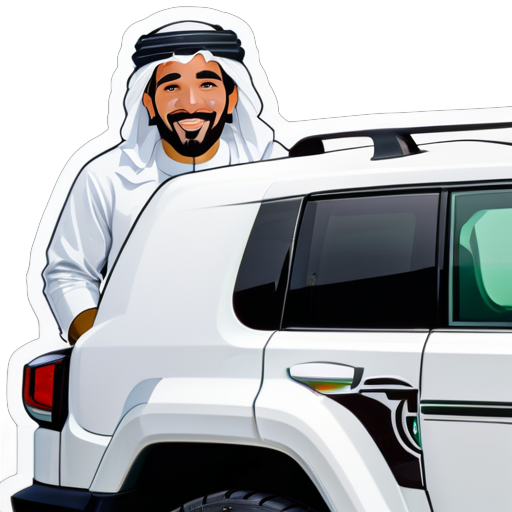 Ein saudischer Mann in traditioneller Kleidung fährt in einem weißen FJ Cruiser Auto. sticker