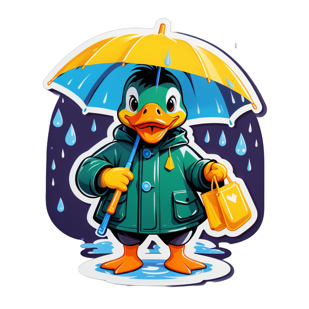 Eine Ente mit einem Regenmantel in der linken Hand und einem Regenschirm in der rechten Hand sticker