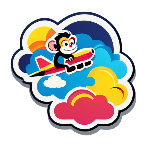 Un singe vole au-dessus d'un avion sur un nuage propice aux sept couleurs. sticker