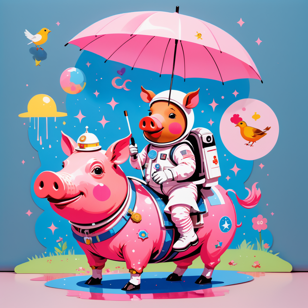 uma pintura de um astronauta montando um porco vestindo um tutu segurando um guarda-chuva rosa, no chão ao lado do porco está um pássaro robin usando uma cartola, no canto estão as palavras 'difusão estável' sticker