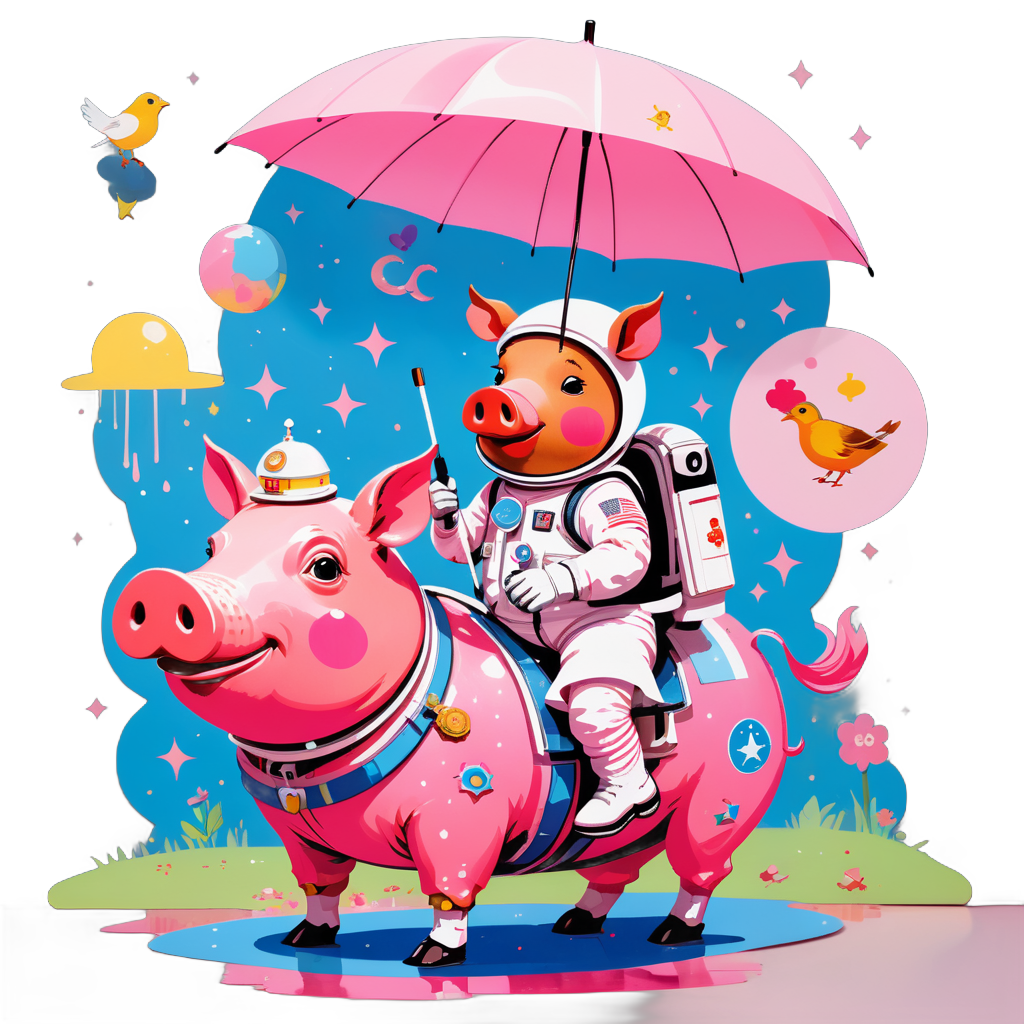 ein Gemälde eines Astronauten, der auf einem Schwein reitet, das ein Tutu trägt und einen rosa Regenschirm hält, auf dem Boden neben dem Schwein ist ein Rotkehlchen, das einen Zylinder trägt, in der Ecke stehen die Worte 'stabile Diffusion' sticker