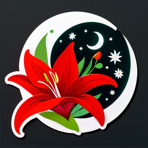 Flores de lírio vermelho vivo e uma lua nova branca sticker