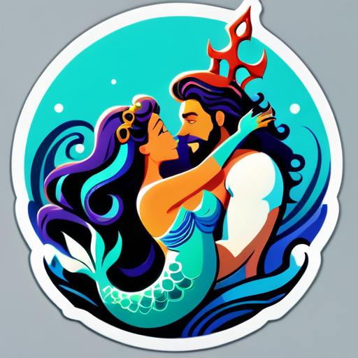 man with long curly hair and sea trident on his stomach kissing a beatifull mermaid sticker