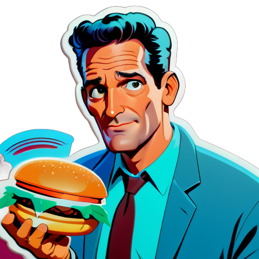 Frank Grimes with a sexy and charming look, holding a burger sticker