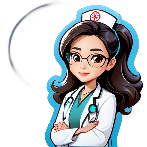 Using a cartoon image of a Chinese female doctor as the avatar, wearing a formal doctor's uniform or white coat, with a slight smile on her face, having big wavy hair, wearing a stethoscope around her neck, arms crossed in front of her chest, wearing transparent glasses, with a light blue background in the picture. sticker