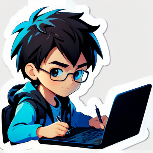 a boy writing a code in front of laptop sticker