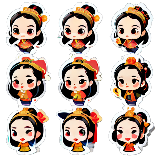 cute and humorous chinese ancient girl in a version, with big eyes, stickers, 16 different facial expressions, expression board, various poses and expressions, anthropomorphic style, ancient and classical style, displaying a variety of emotions., in clothes sticker