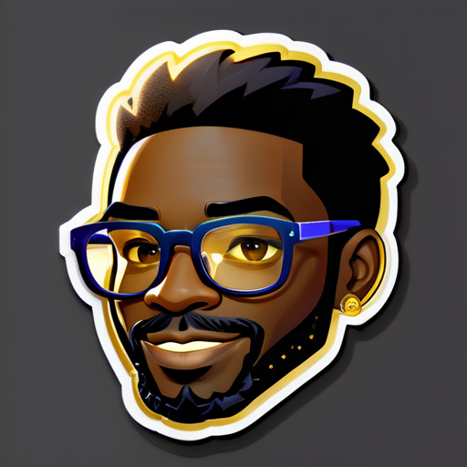 Crea un sticker para un chico negro con gafas doradas que sea programador, con un estilo de barba corta sin afeitar y no demasiado cabello. sticker