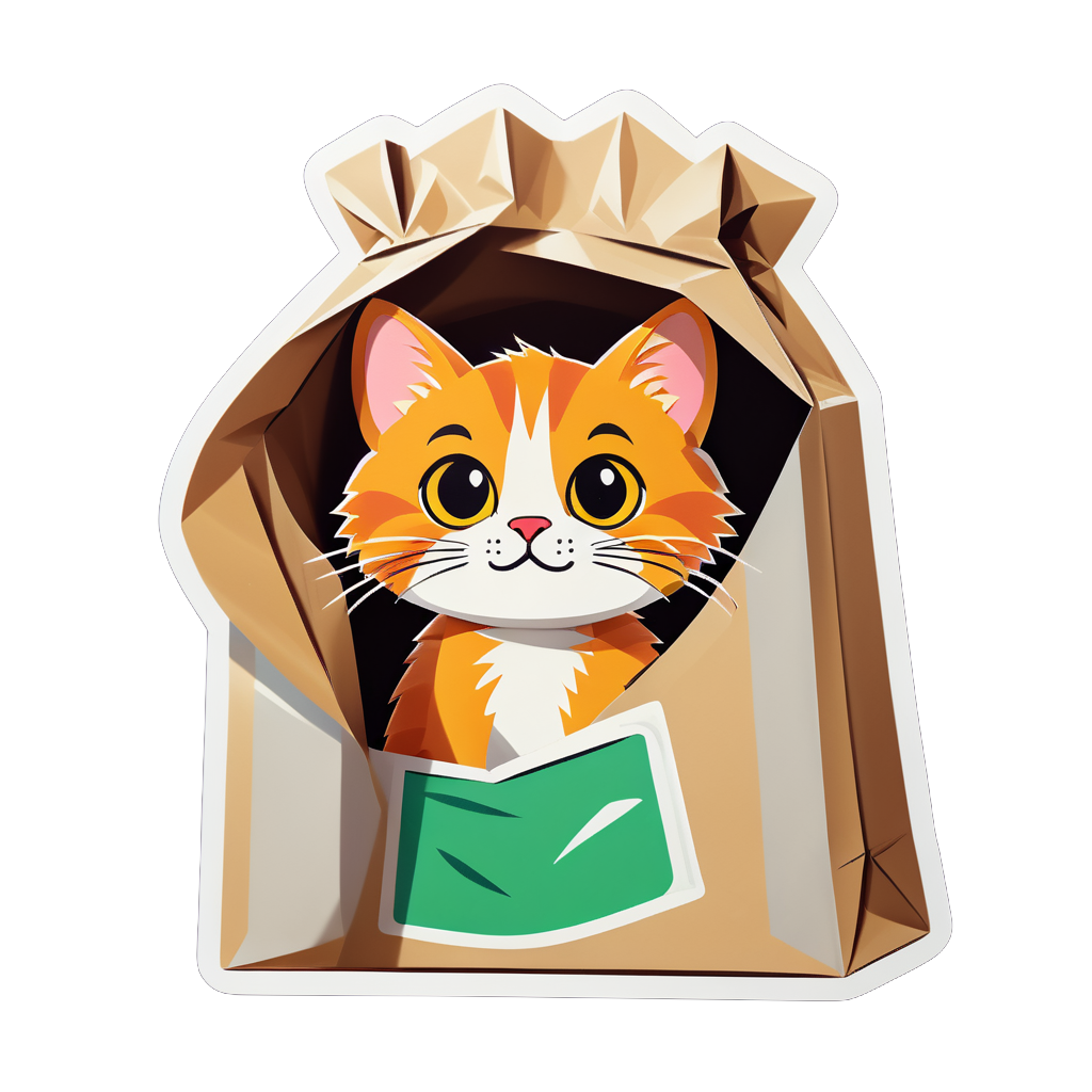 Curious Cat in Bag: Peering from paper bag, exploring surroundings. sticker