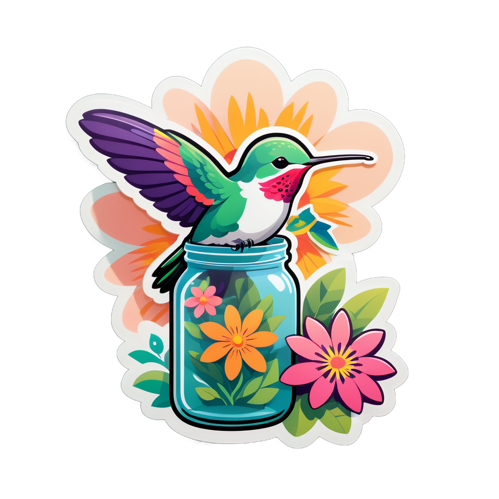 Ein Kolibri mit einer Blume in der linken Hand und einem Nektarglas in der rechten Hand sticker