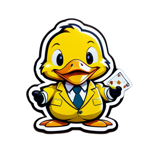 Sticker of a cute cartoon yellow duck wearing a business suit and playing gambling , Sticker, Adorable, Muted Color, kinetic art style, Contour, Vector, White Background, Detailed sticker