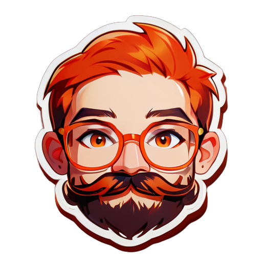 One boy are red fire,with see glasses tall of 2 meters and slim, with nose atractive, Eyebrows Populated, Orange Copper beard and mustache sticker