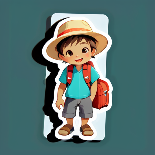 Un petit garçon, portant un chapeau et des vêtements de voyage, se prépare à partir en voyage sticker