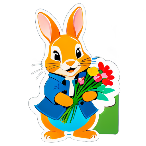 Peter rabbit is holding a bouquet sticker