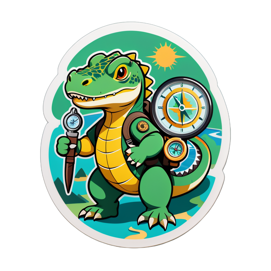 Un dragon de Komodo avec une boussole d'explorateur dans sa main gauche et une carte dans sa main droite sticker