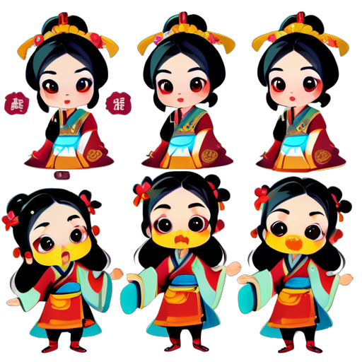 cute and humorous chinese ancient girl in a version, with big eyes, stickers, 16 different facial expressions, expression board, various poses and expressions, anthropomorphic style, ancient and classical style, displaying a variety of emotions., in clothes sticker