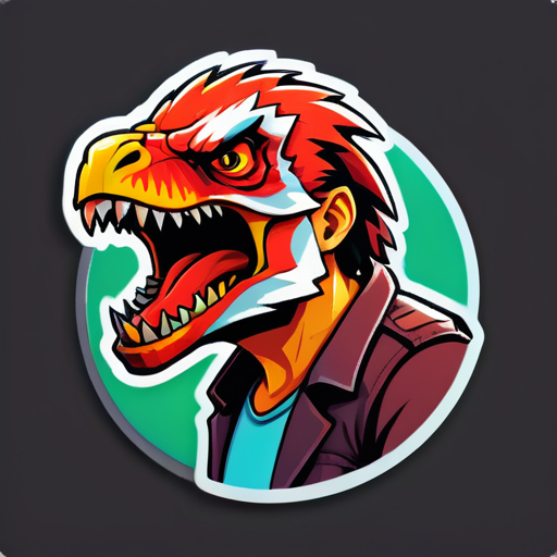 Erstelle Sticker von Ark mit einem wütenden , erschöpften Man mit einem Raptor sticker