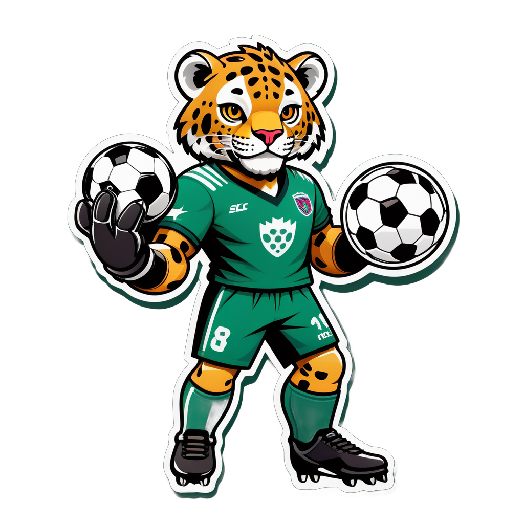 Ein Jaguar mit einem Fußball in seiner linken Hand und einem Torwarthandschuh in seiner rechten Hand sticker