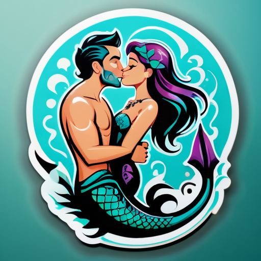 man with sea trident tattoo on his stomach kissing a mermaid sticker