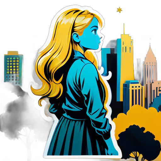 a girl with golden hair  on a tree looking at the city sticker