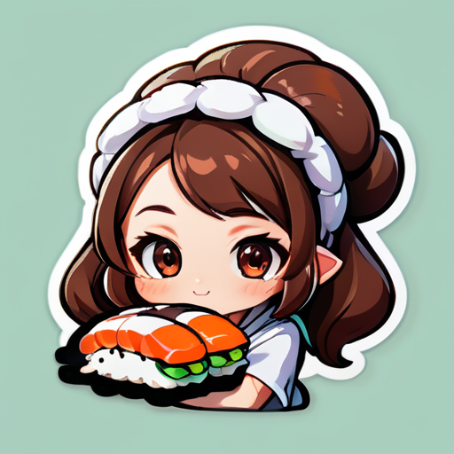 quiero una chica anime con un sushi mascota en la cabeza la chica pelo marron
 sticker