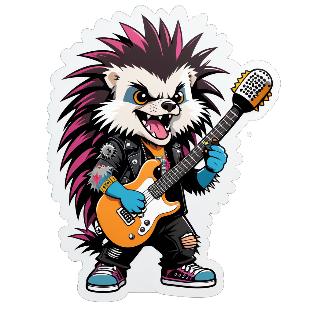 Ein Stachelschwein mit einer Punkrock-Gitarre in der linken Hand und einem Mikrofon in der rechten Hand sticker