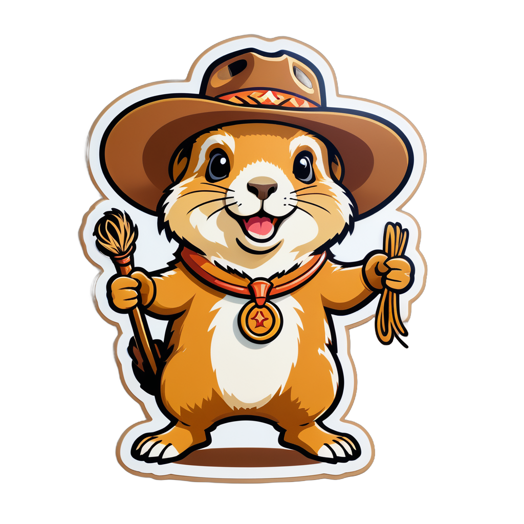 Ein Präriehund mit einem Cowboyhut in seiner linken Hand und einem Mini-Lasso in seiner rechten Hand sticker