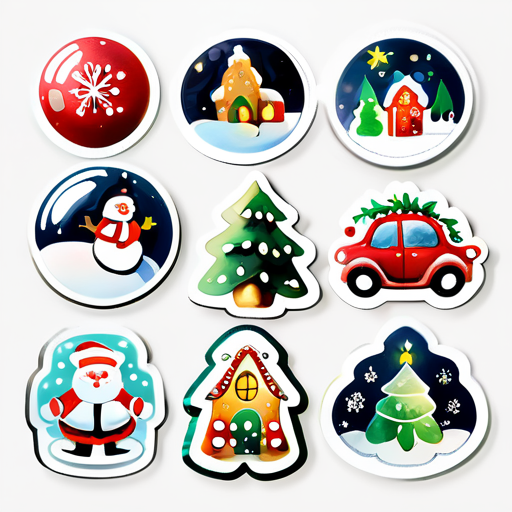 autocollant style stickers, illustration sur le theme de noel peint en aquarelle, image 4D realiste, sur un fond blancautocollant style stickers, illustration sur le theme de noel peint en aquarelle, image 4D realiste, sur un fond blanc sticker